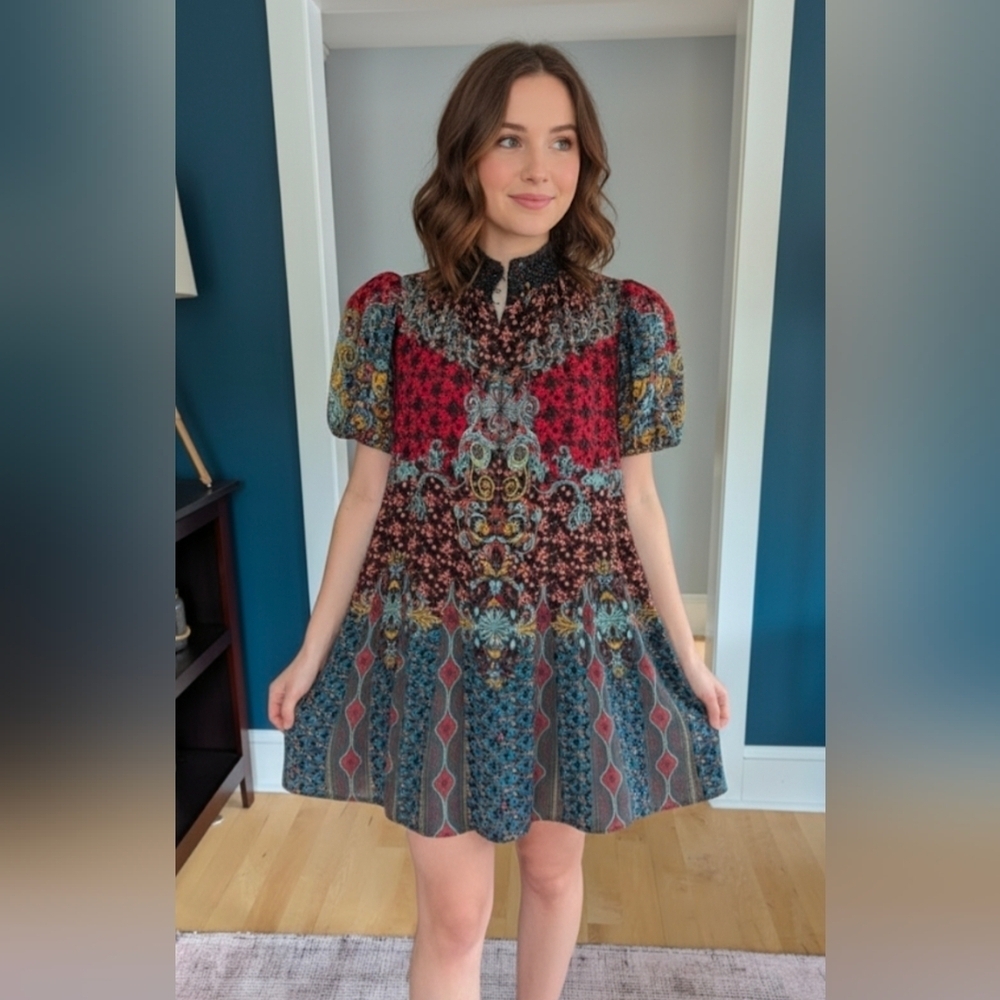 Alice + Olivia Janis Mixed Print Mini Dress Size 4 Puff Sleeves Loose Fit